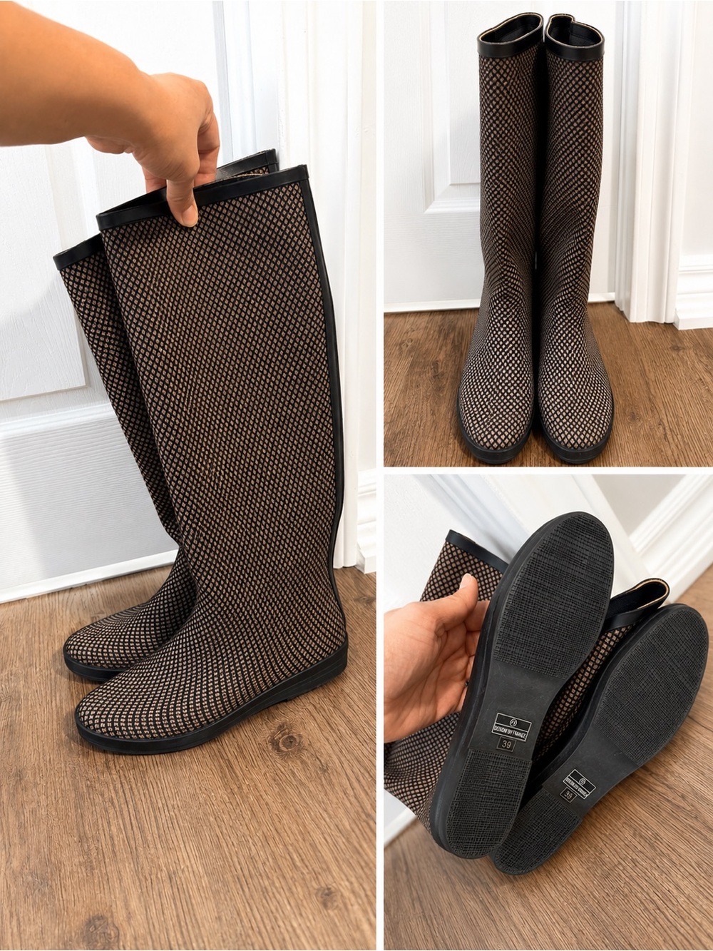 Patterned Tall Rubber Rain Boots in Brown and Black